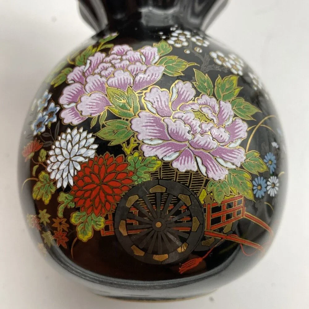 Vintage Japanese Black Floral Ceramic Vase‎ Ruffled Rim Gold Trim Cottagecore